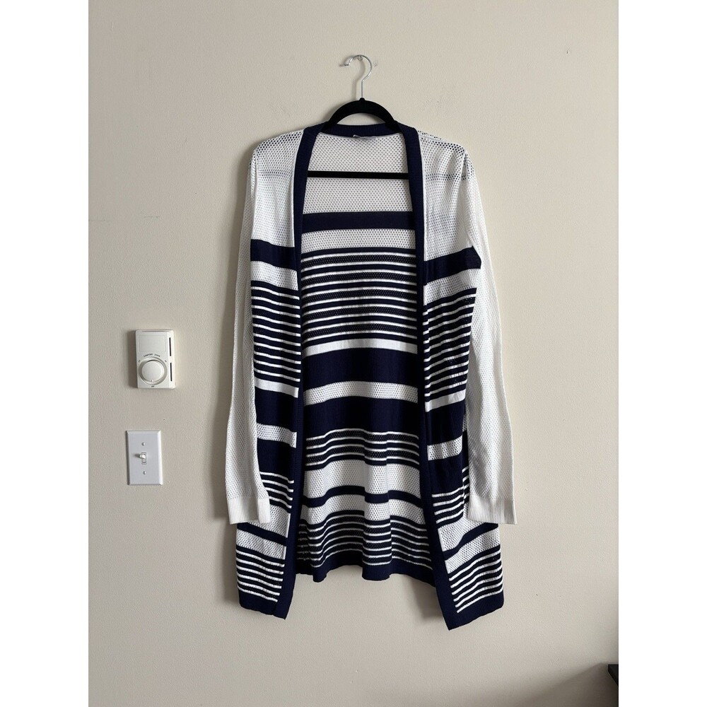 Tommy Bahama Womens Large Open Front‎ Knit Cardigan Navy White Stripe